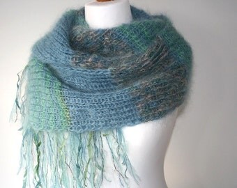 Knitted scarf, Mohair scarf, Luxury Mohair, Dusky Blue, Hand dyed Silk Ribbons