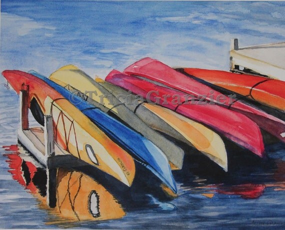 Kayaks Watercolor Painting Fine Art Print WITH MAT INCLUDED