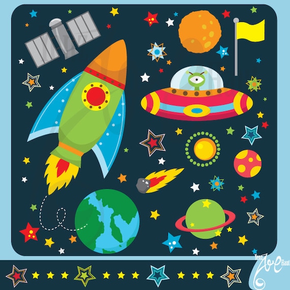 Outer space clipart:"OUTER SPACE"clip art pack instant download Os002 spaceship,planets,rockets,stars for scrapbooking,card making,invites Il_570xn