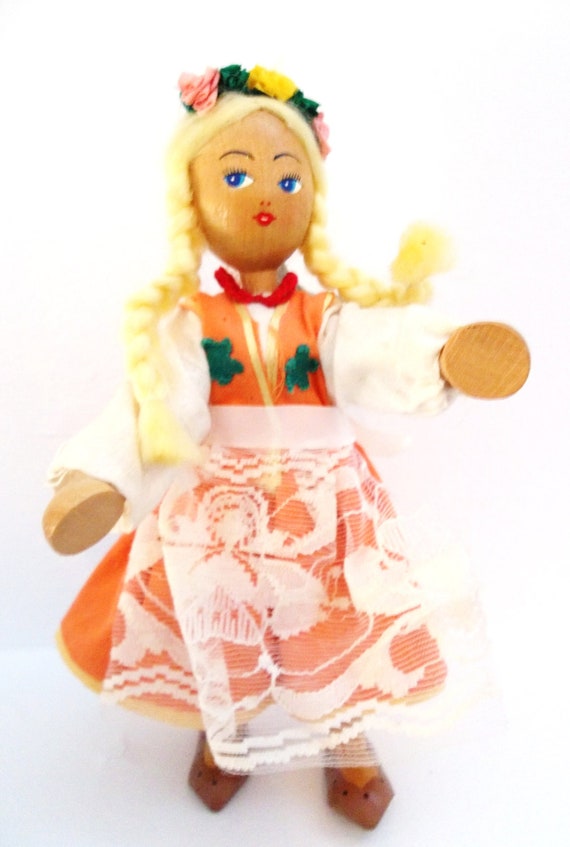Polish Wooden Doll Vintage 1950s Poland Souvenir Wood Doll
