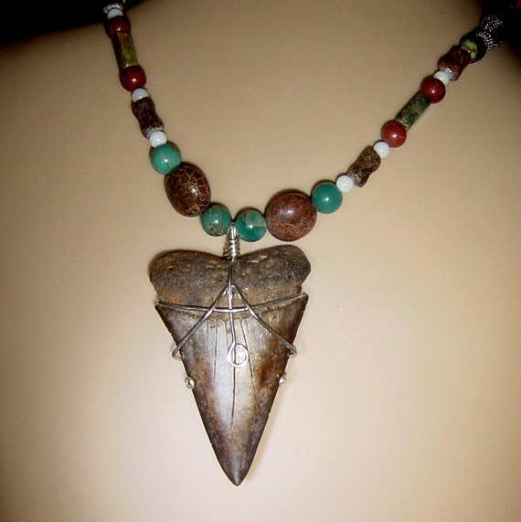 Shark tooth Necklace Dinosaur beads by TheBlackLagoonInc on Etsy