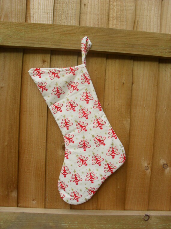 Shaped Christmas Stocking Cream with Red Christmas Trees and