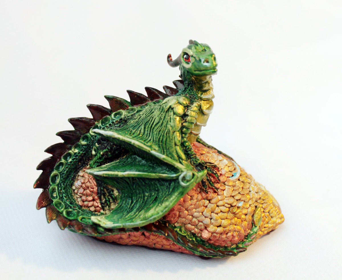 Dragon handmade figurine gold and green fantasy magic gift