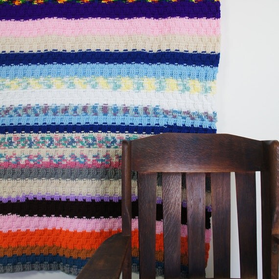 60s Hand Knit Afghan Throw / Multi Color Stripe Pattern