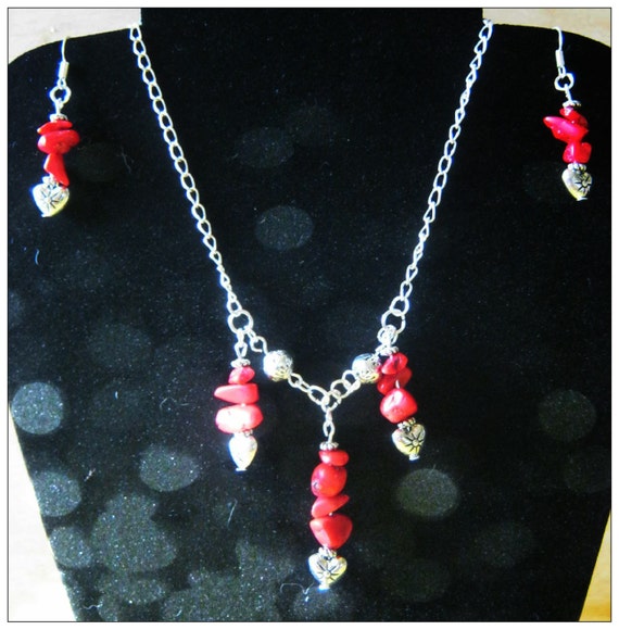 Handmade Silver Jewelry Set with Red Coral  & Hearts by IreneDesign2011