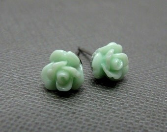 Petite Mint Green Roses Stud Earrings // Pale Green Acrylic Roses // Rhodium Posts // Gift under 10