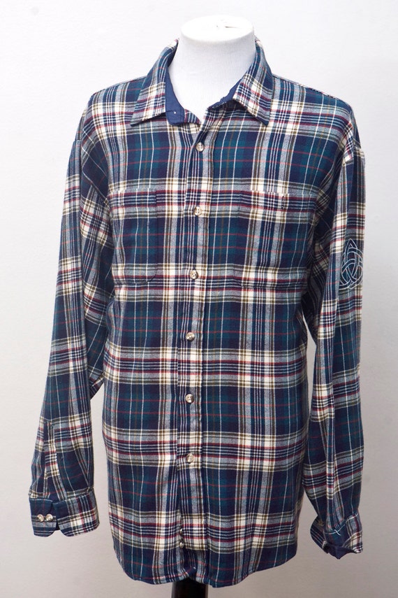 Men's Flannel Shirt / Upcycled Plaid with Screen Printed