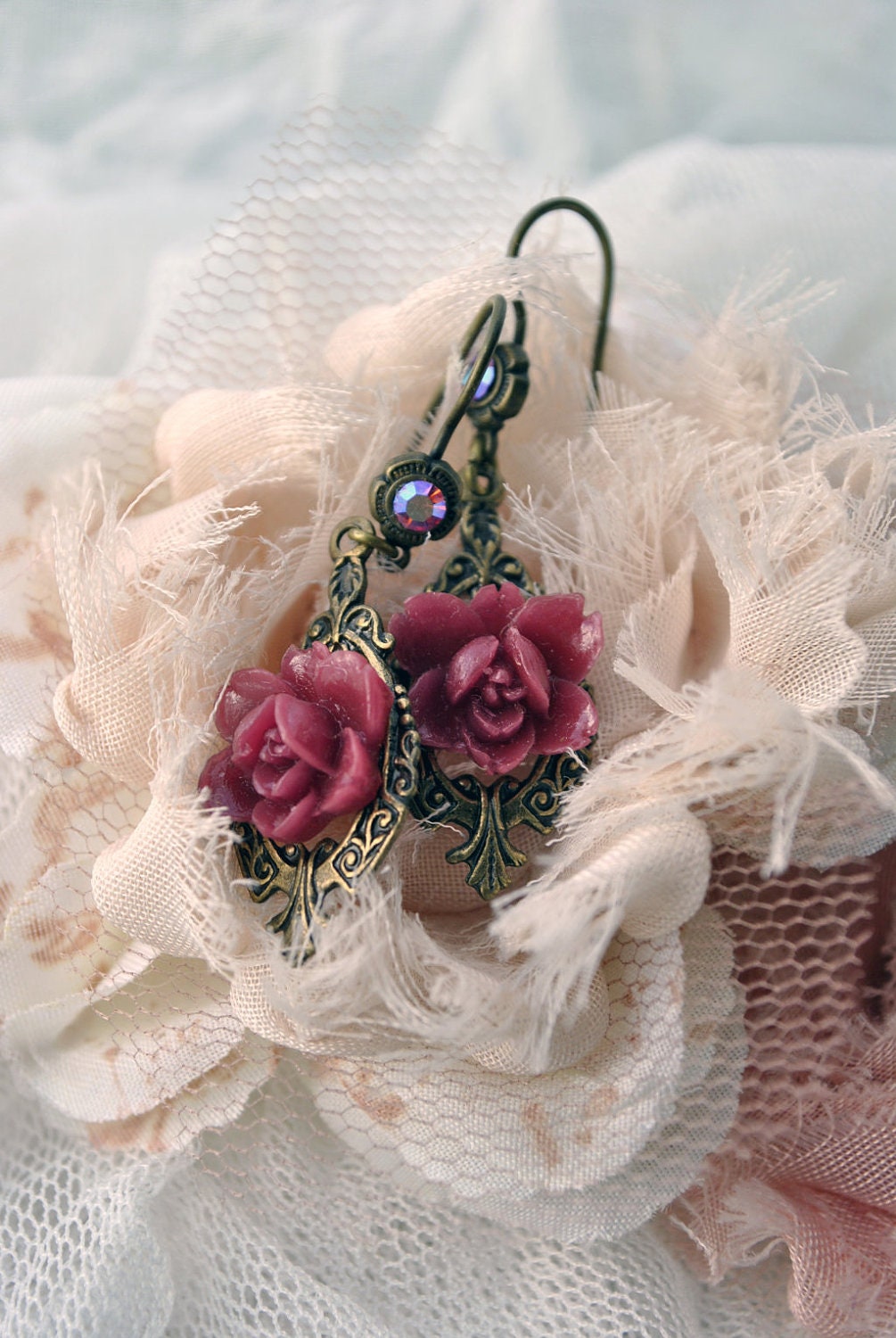 Victorian Valentine rose jewelry dangle earrings feminine