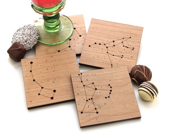 Wood Coasters - Star Constellations - set of 4 - night sky, hostess gifts, under 30, gifts for star gazers, astronomy gifts