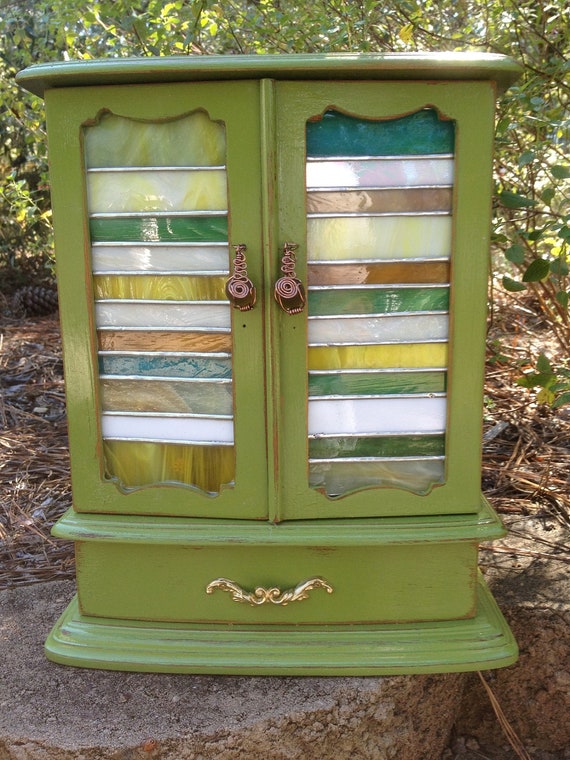 Beautiful Sage Green Jewelry Box with Stained Glass by rilexis