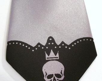 Silver skull tie. mens necktie RokGear Wingman design