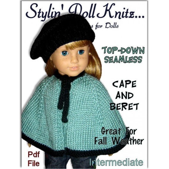 Knitting pattern. Fits American Girl Doll. Cape and Beret 18