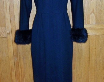 Vintage evening Gown, 60s evening gown, Black FUR Gown, Full length gown, Sexy silhouette, size S / M