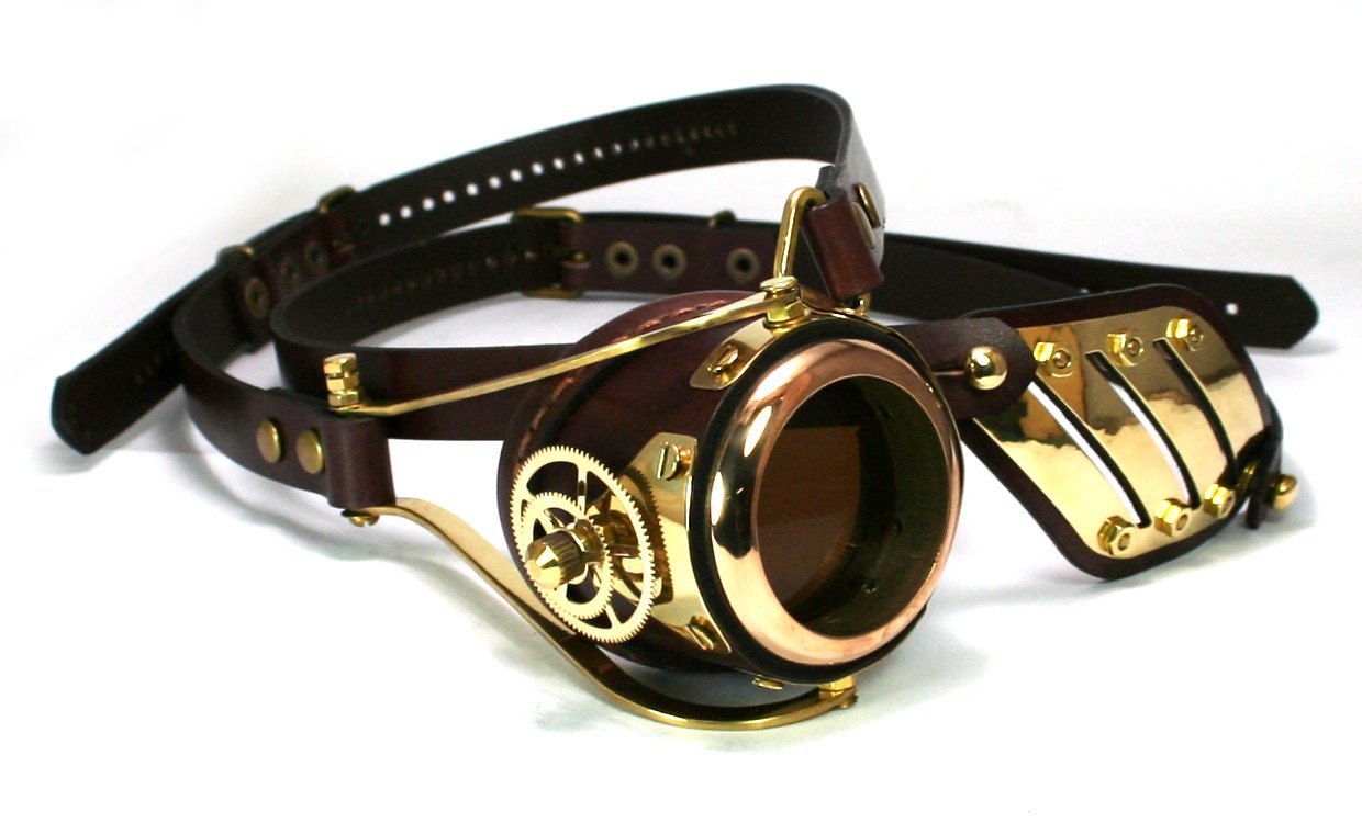STEAMPUNK MONOGOGGLE and EYEPATCH brown leather polished brass gears Flex Solid Frame /// steampunk buy now online