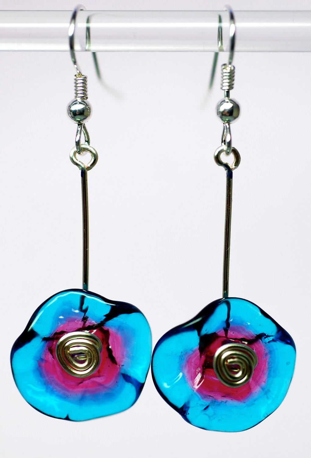 Glass flower earrings in bright turquoise and rose sterling