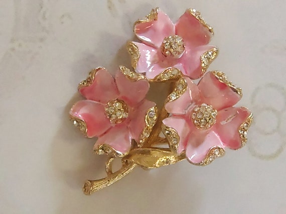 Vintage Pink Flower Brooch with Rhinestones