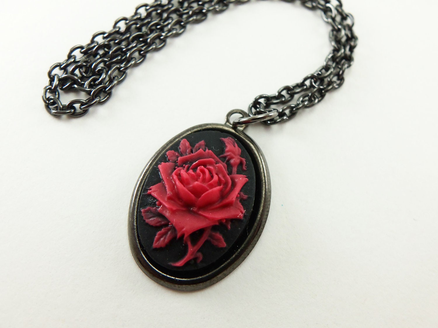 Black and Red Rose Necklace Dark Rose Jewelry Gunmetal Dark
