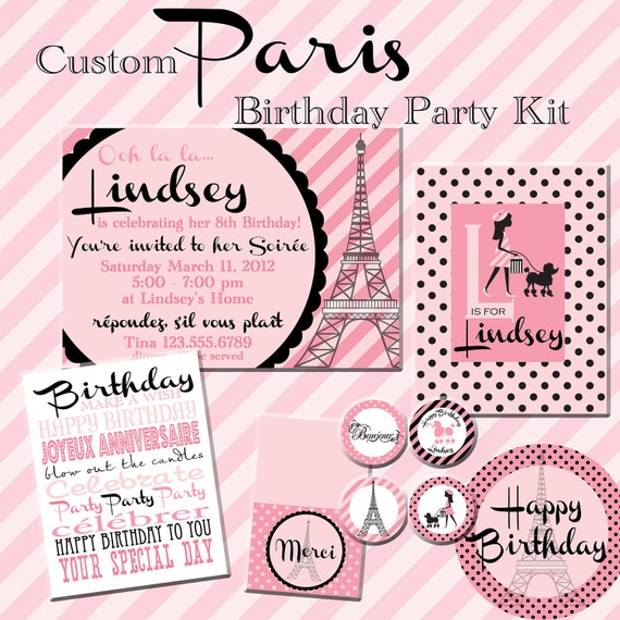 Paris Party Printable Kit, Custom 5x7 custom invitations, eiffel tower, poodle, Birthday Party Printable Kit, cupcake toppers & more Custom Il_570xn