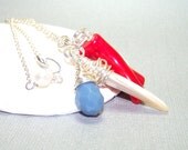 Modern Necklace. Red Coral Wire wrapped Gray Drop Pearl Pendant Necklace. Inventory Clearance Sale.