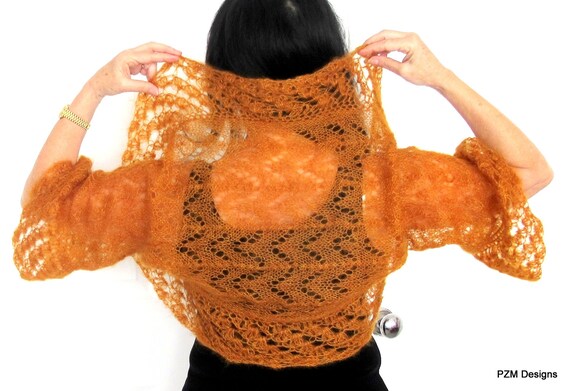 Orange silk shrug hand knit silk mohair sweater by pzmdesigns