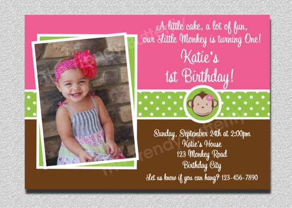 Birthday Invitation Mod Monkey Birthday Party Invitation Pink and Green Girls Invite Il_570xn