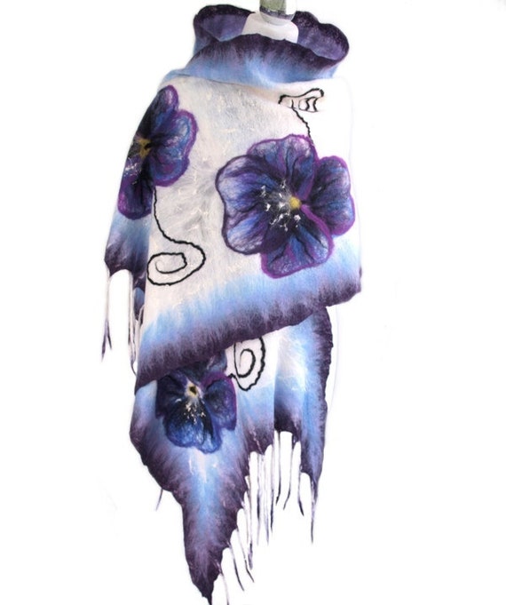 Nuno felt shawl, wedding, blue flowers