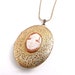 Carved Cameo Locket Necklace - Vintage Gold Tone Filigree Costume Jewelry / Floral Locket