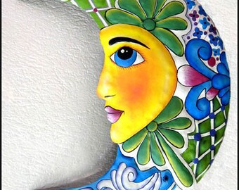Moon Metal Art, 17" Hand Painted Metal Wall Hanging, Recycled Outdoor Metal Art- Haitian Steel Drum, Garden Art - Metal Art - M-201-GR-17
