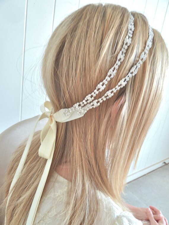 Items similar to Bridal ribbon headband, bridal crystal headpiece