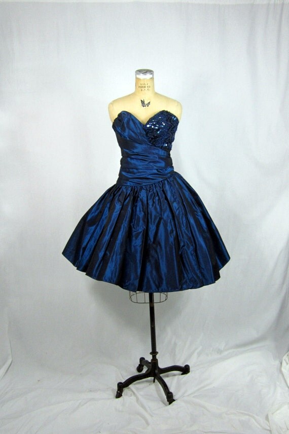 80s Party Dress / Indigo Blue Prom Strapless by InfinityVintageCo