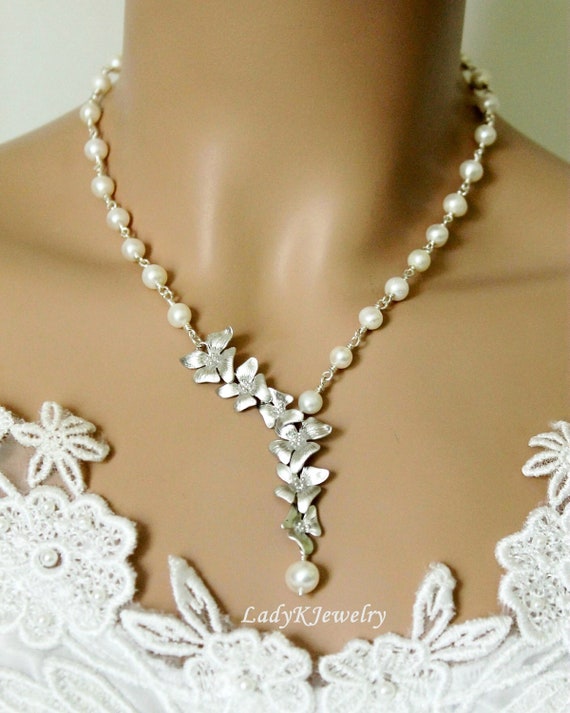 Plumeria Necklace Pearl Necklace White Gold Orchids Cascade