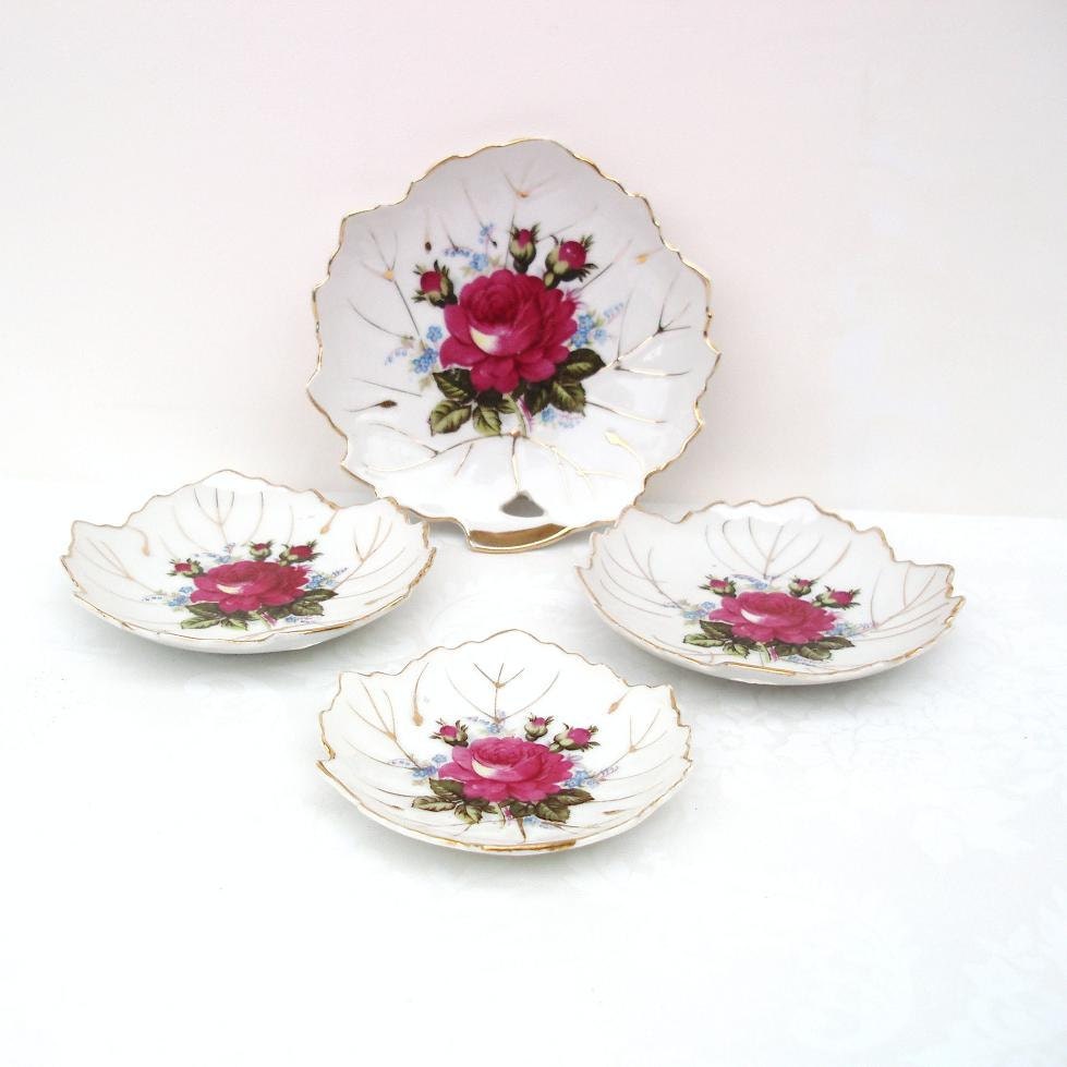 Vintage Moss Rose China Dessert Dishes Nut Cups by WhimzyThyme