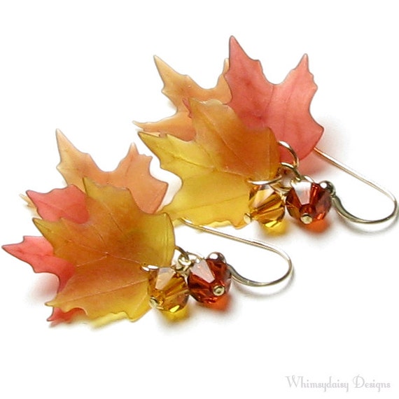 Falling Leaves Autumn Harvest Swarovski Crystal 14K Gold Filled Leaf Earrings, Fall Earrings, Fall Jewelry, Rust, Red, Yellow, Autumn Leaves