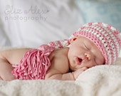 Photo Prop Elf Hat, Crochet Pink Blue White Striped with Tassel, Newborn Photo Prop Stocking Hat Elf Hat, Newborn to 3 Month Size (Item 774)