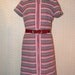 Vintage 1960s Dress Shift Style Polyester Corduroy Grey Maroon Stripe Fashion Frock Wide Belted Waist Vintage Clothing Mod / Hippie Lg