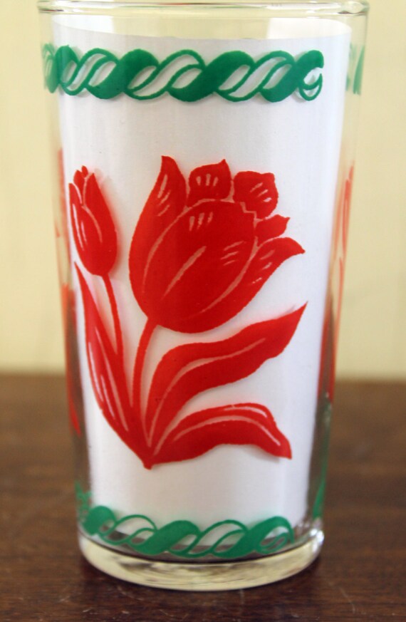 Vintage Drinking Glass with Red Tulips and by LittleRedHenVINTAGE