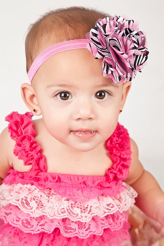 348 New baby girl zebra headband 853 Baby Girl Headband   Hot Pink and Zebra Stripe Puff Flower on Hot Pink   