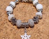 White Snowballs, Snowflakes and Crystal European Style Cuff Bracelet