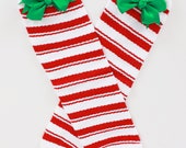 READY TO SHIP: Leg Warmers - Red & White - Candy Cane Stripe with Green Bows - Treasured Treat - Christmas Outfit Accessory - One Size Il_170x135
