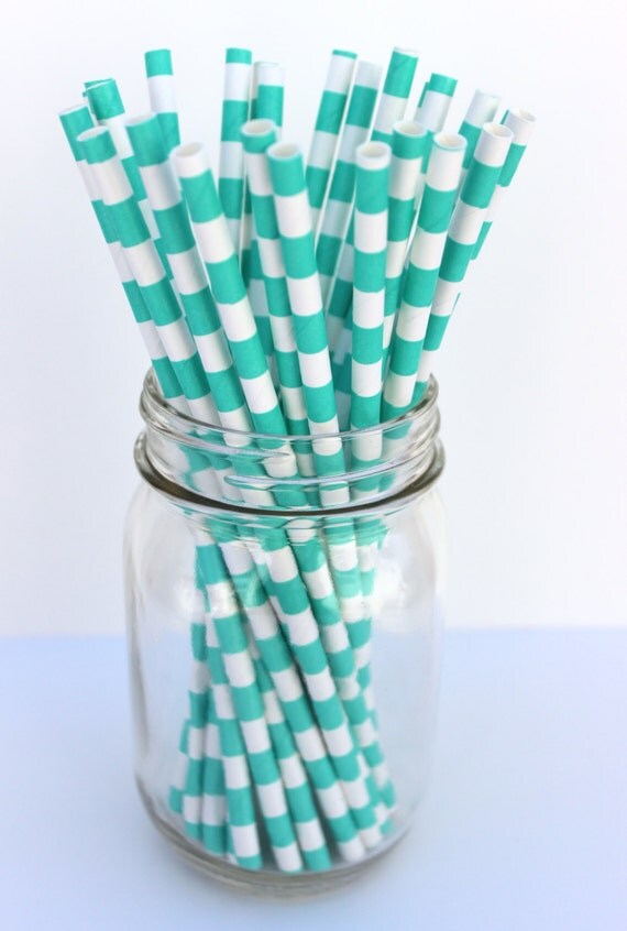 SALE TURQUOISE HORIZONTAL Stripe Straws25 by SofiesBigDay on Etsy