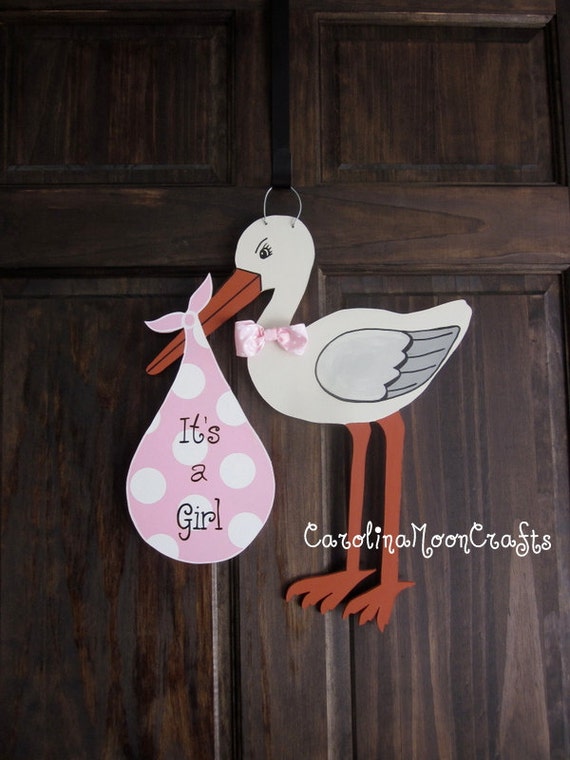 Items similar to New Baby Girl Stork Door Hanger Door Decor - It's a ...