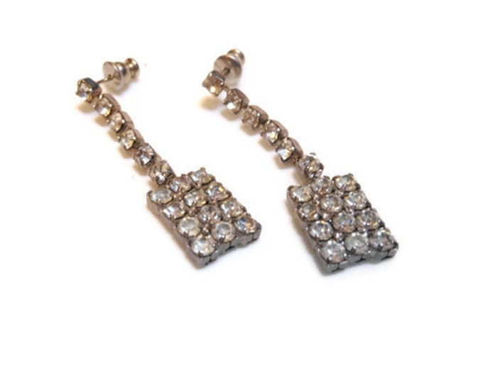 FREE SHIPPING Rhinestone drop earrings, Art Deco prong set post earrings, silver plated