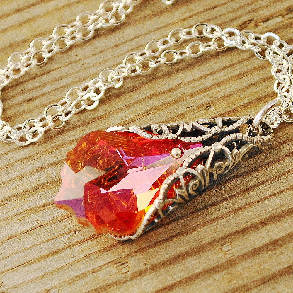 Red Orange Crystal Necklace Swarovski Crystal Pendant