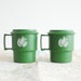 SALE Vintage Green Tupperware Mugs with Coasters / Lids and Bird with Olive Branch Motif