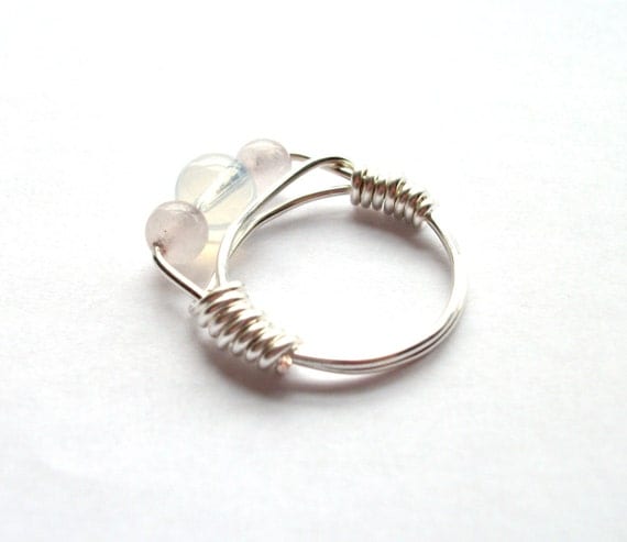 Beautiful Pink Rose Quartz and Opalite Moonstone Silver Plated Ring