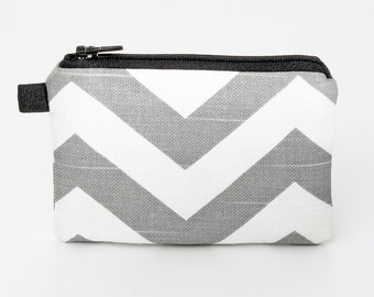 Coin purse, small zipper pouch, padded change purse- gray chevron