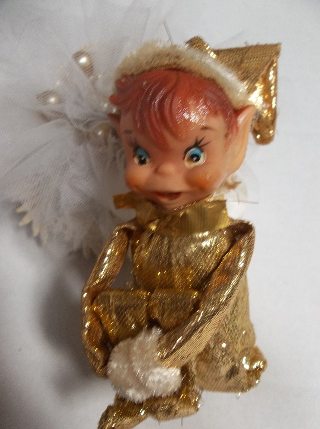 Vintage 1960 Elf Sitting Gold Lame Retro Christmas Holiday