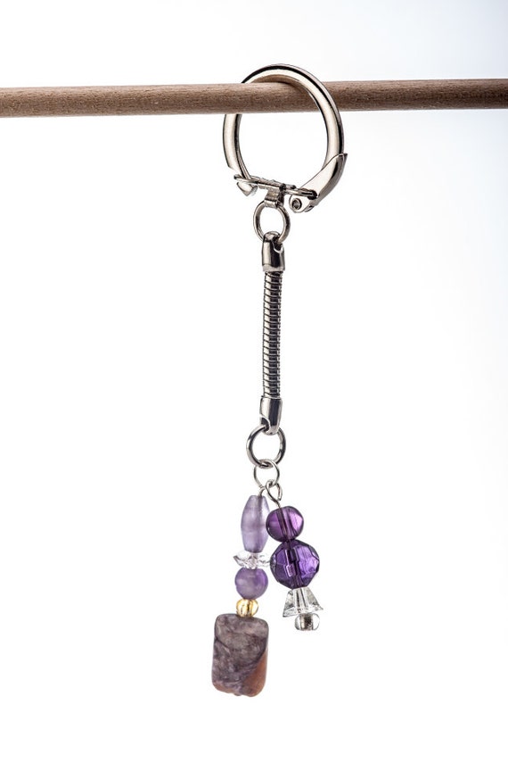 Purple Beaded Keychain Pietersite Keyring Stone Bead & Steel