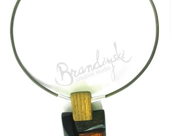 Wooden Pendant - ebony, oak and rose wood with aluminum elements, 3mm cord.
