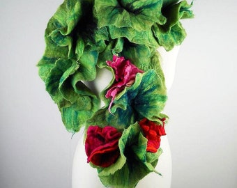 GREEN SCARF Felted Scarf Wool Scarf Nunofelt Scarf Wrap Flower Scarves Fairy Scarf Felt Nunofelt Nuno felt Silk fairy multicolor